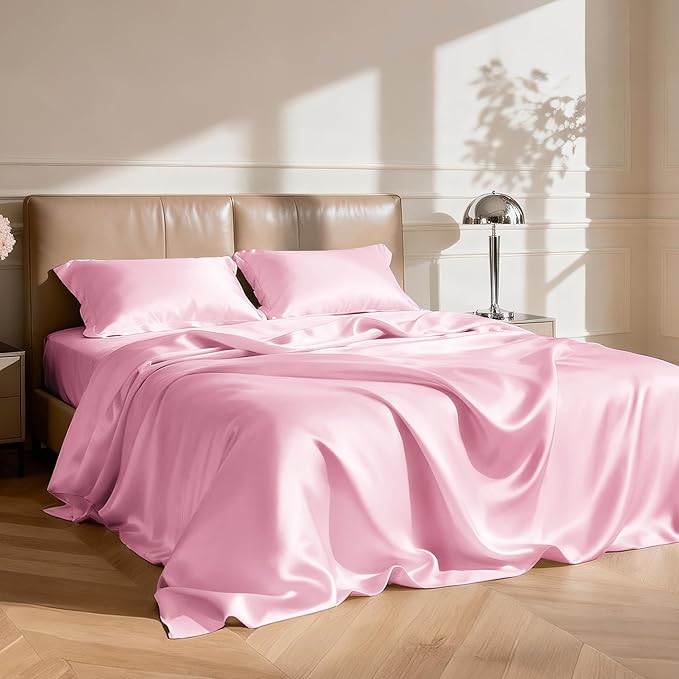 Love's cabin Twin XL Satin Sheet Sets - 3 Piece Pink Silky Bed Sheets with Deep Pockets, Luxury Silk Feel Satin Sheet Set Twin XL (1 Flat Sheet,1 Fitted Sheet,1 Pillow case)