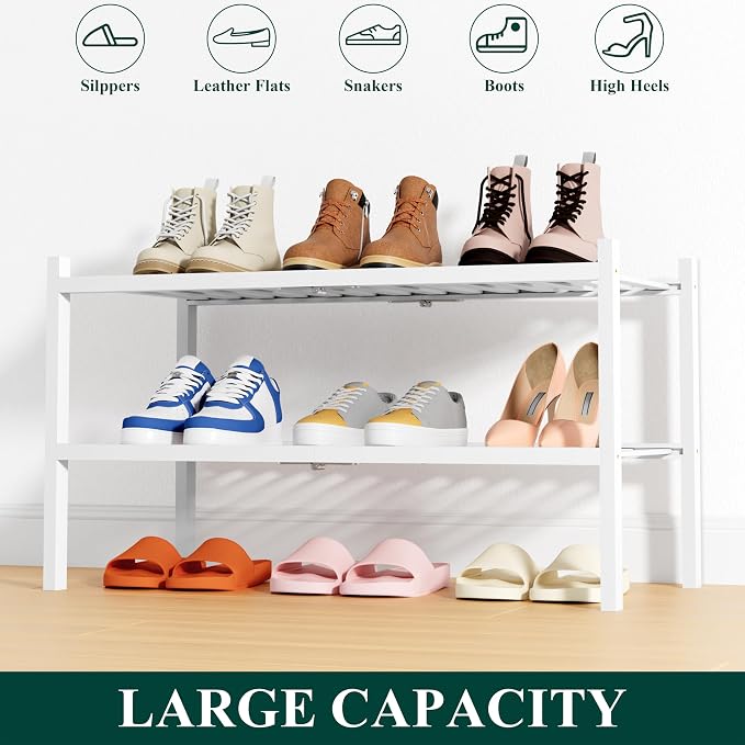Smiry Shoe Rack, 2 Tier Thick Bamboo Shoe Organizer, Stackable Free Standing Wooden Shoe Storage Shelf for Closet, Entryway, Front Door Entrance, White - Image 6