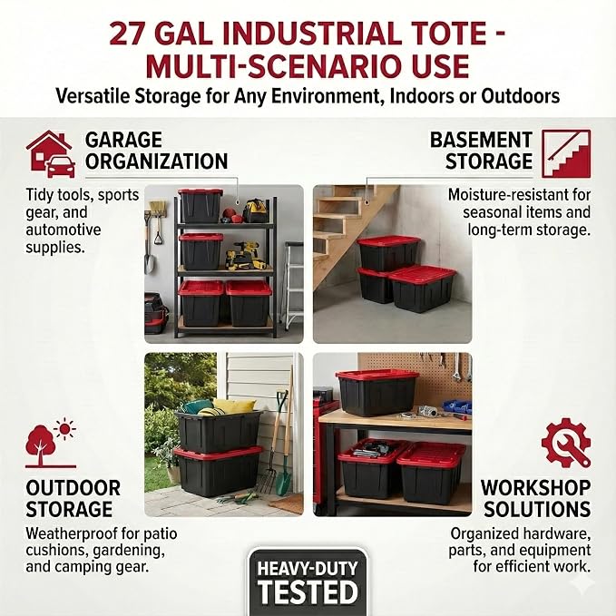 27 Gal Industrial Tote,4 Pack Plastic Storage Bins with Lids Tough Large Storage Bin,Black with Red Lid Plastic Storage,Stackable & Nestable for Garage, Basement, or Outdoor (4 Pack) - Image 4