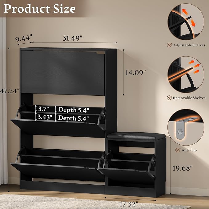 BORNOON Shoe Cabinet with Bench and 3 Flip Drawers, Slim Narrow Shoe Storage Cabinet, Freestanding Shoe Rack Organizer with Adjustable & Removable Shelves, Anti-Tip for Entryway, Hallway, Foyer - Image 2