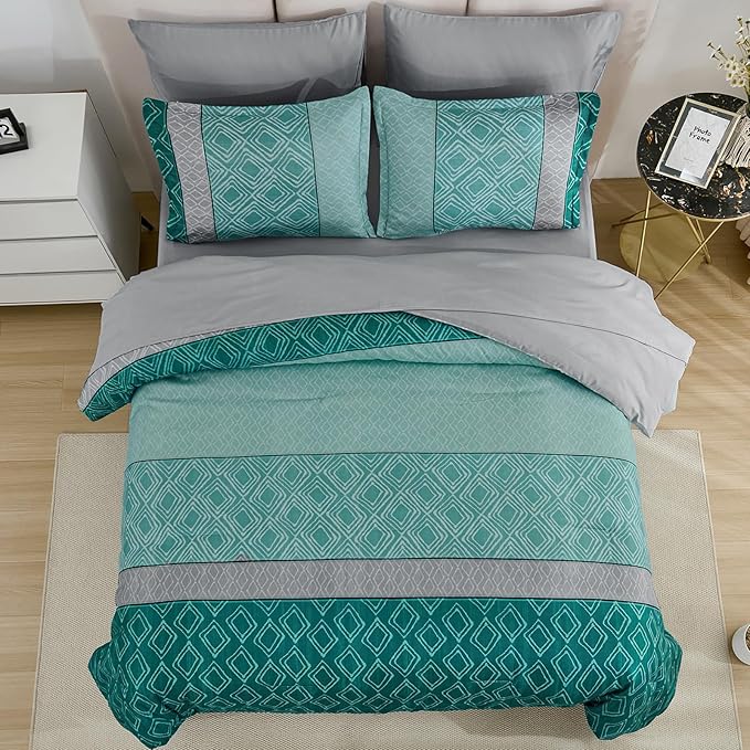 Dinjoy Queen Comforter Set Boho, Soft Teal Striped 7 Piece Bed in a Bag Queen Size Warm Blue Green Bedding Sets Plaid Comforters Bed Set with Sheets for Family Fall Winter