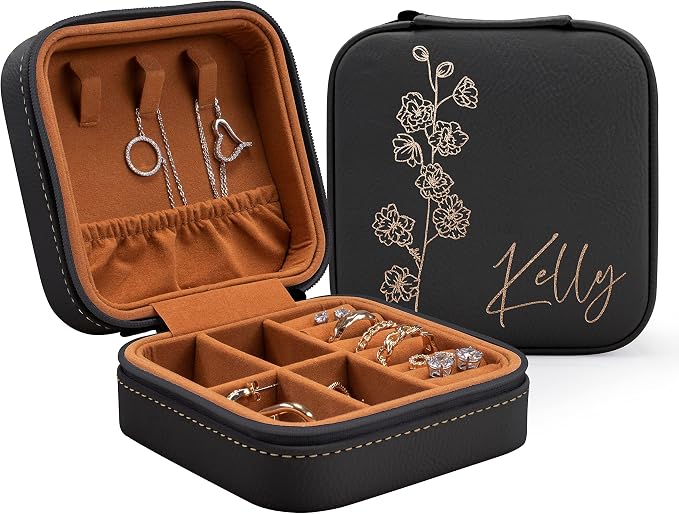 Custom Leather Jewelry Box w/Name & Birth Flower Month - Birthday Gifts for Women, Personalized Jewelry Travel Case - Customized Jewelry Organizer Box, Mom Birthday Gifts - Black by PersonalizationLab
