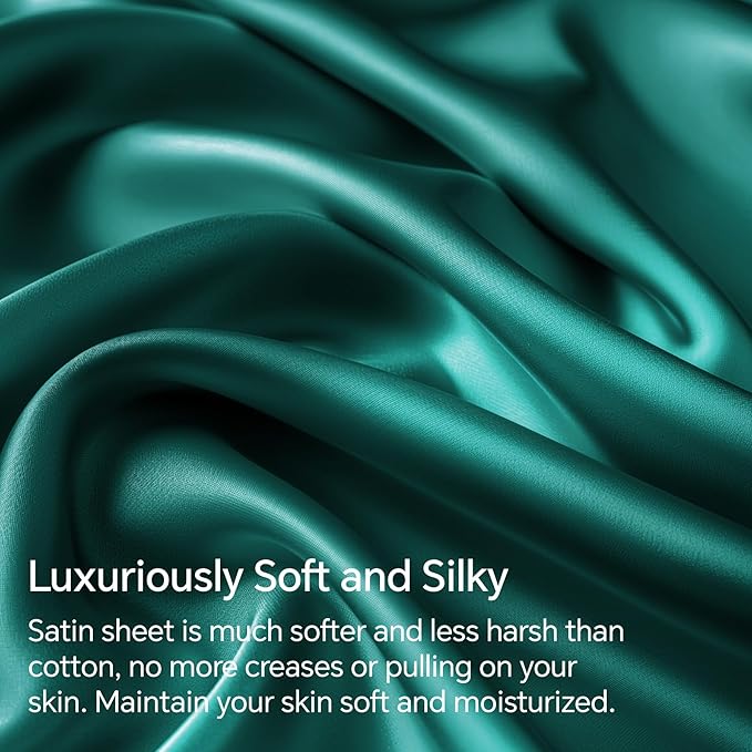 BEDELITE King Size Sheets Set, Luxury Soft Teal Satin Sheets for Hair and Skin, Similar to Silk Bed Sheets Set 4 Pieces with 1 Deep Pocket Fitted Sheet, 1 Flat Sheet, and 2 Pillowcases