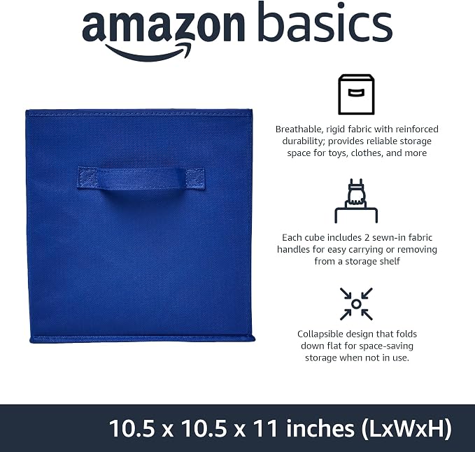 Amazon Basics Collapsible Fabric Storage Bins with Handles, Cube Organizer for Home Organization, 10.5"x10.5"x11", Navy, 6-Pack - Image 2