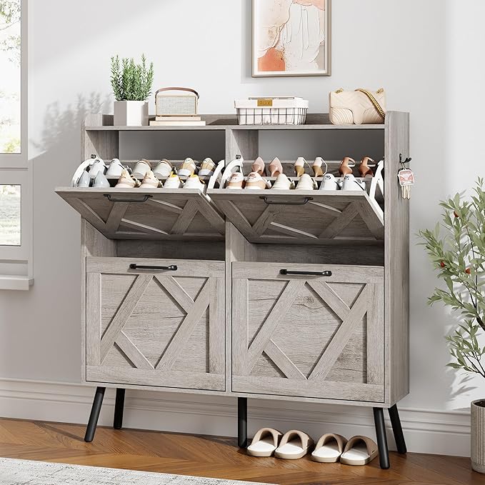 Nicetree Shoe Cabinet with 4 Flip Drawers, Freestanding Shoe Organizer Cabinet, Farmhouse Narrow Shoe Storage Cabinet for Entryway, Foyer, Hallway, Gray by Nicetree