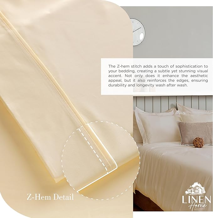 Linen Home 100% Cotton Percale Sheets Twin XL Size, Ivory, Deep Pocket, 3 Pieces Set - 1 Flat, 1 Deep Pocket Fitted Sheet and 1 Pillowcase, Crisp Cool and Strong Bed Linen