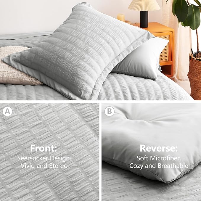 CozyLux Queen Comforter Set Light Grey Seersucker 7 Pieces Bed in a Bag Queen Comforter Set with Sheets, Light Gray Luxury Soft Bedding Set with Down Alternative Comforter, Sheets, Pillowcases & Shams
