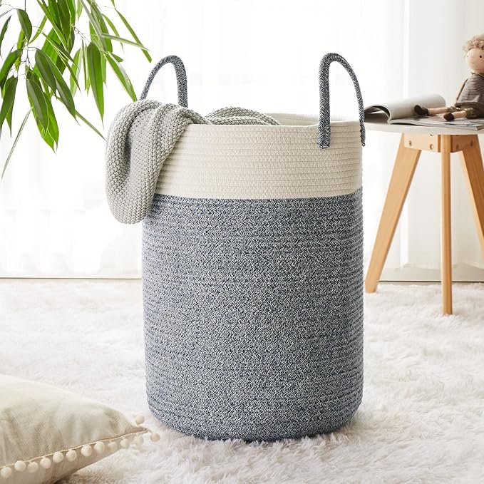 Cotton Rope Laundry Hamper by YOUDENOVA, 58L - Woven Collapsible Laundry Basket - Clothes Storage Basket for Blankets, Laundry Room Organizing, Bedroom Storage, Clothes Hamper – Blue - Image 8