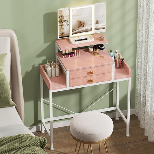 HIGDBFE Vanity Desk with Mirror and Lights, 28.4''W Small Makeup Vanity Table with Height-Adjustable Stand, 2 Fabric Drawers Compact Makeup Desk, Gift for Girls, Bedroom Small Space, Pink