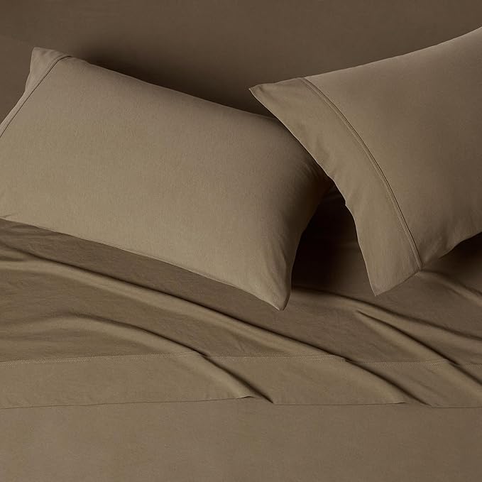 Amazon Basics 100% Cotton Jersey Bed Sheet Set, Full, Brown, Solid