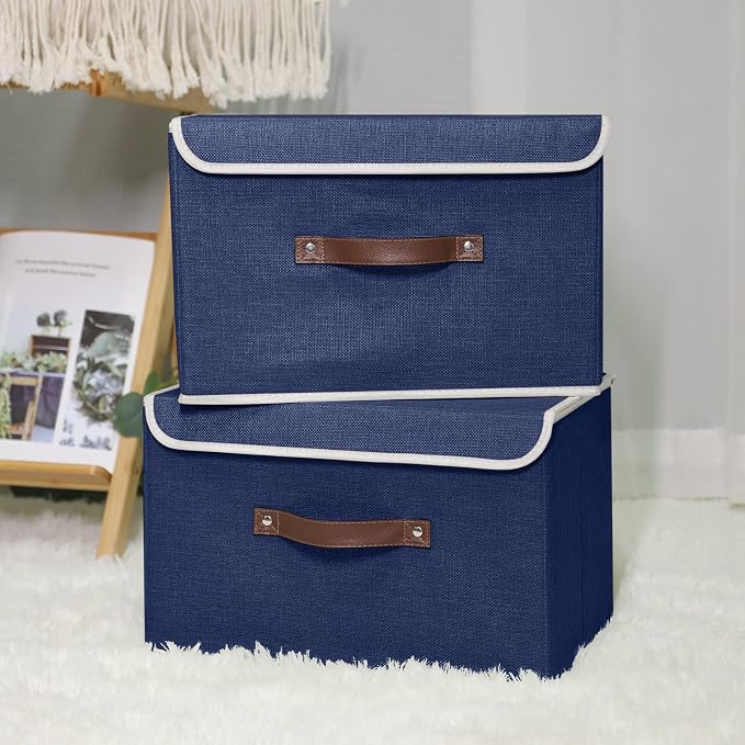 ANMINY Storage Bin with Lid Storage Boxes with PU Leather Handles PP Plastic Board Decorative Foldable Lidded Cotton Linen Fabric Home Cubes Baskets Closet Organizer Container - Blue, Medium - Image 2