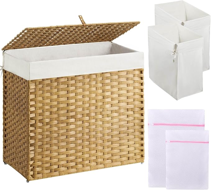 Greenstell Laundry Hamper with Lid, 125L Laundry Basket with 2 Removable Liner Bags & 2 Mesh Bags, Handwoven Synthetic Rattan Clothes Hamper for Clothes, Toys in Bathroom, Bedroom, Foldable, Natural by Greenstell