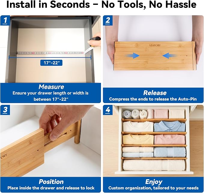 4 Pack Deep Drawer Dividers, 8" High Bamboo Expandable Drawer Organizers, 17-22" Adjustable Tension Separators, Large Drawer Dividers for Kitchen, Bedroom Dresser, Baby Nursery & Bathroom - Image 5