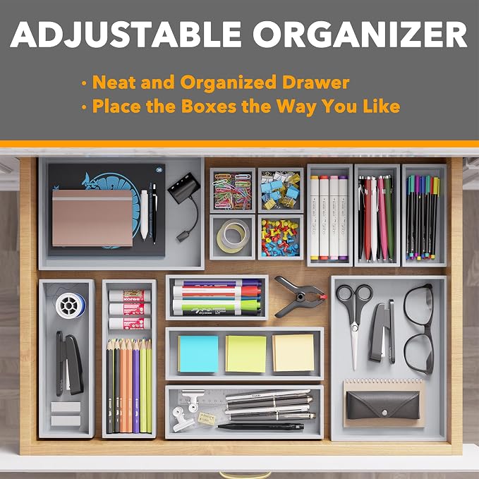 SpaceAid 14-Piece Bamboo Drawer Organizer Storage Boxes Set, Wood Tray Junk Drawer Organizers Multi-Use Divider Bins for Kitchen, Bathroom, Office Desk and Makeup Organization (14 Pack, Gray) - Image 5