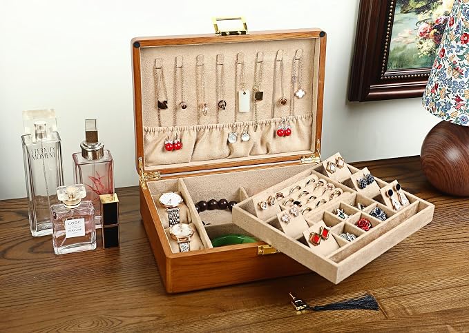 Solid Walnut Wood Jewelry Box with Lock, 2-Layer Vintage Jewelry Organizer for Men Women, Velvet-Lined Storage Chest with Key Lock (Khaki)​ - Image 5