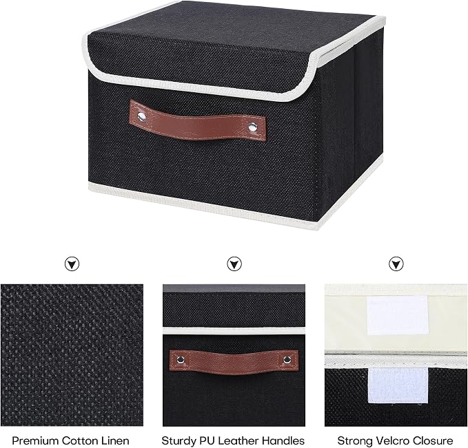 ANMINY 4PCS Storage Bins with Lid PU Leather Handles Storage Boxes PP Plastic Board Decorative Foldable Lidded Cotton Linen Fabric Home Cubes Baskets Closet Organizer Containers - Black, Small Size - Image 3