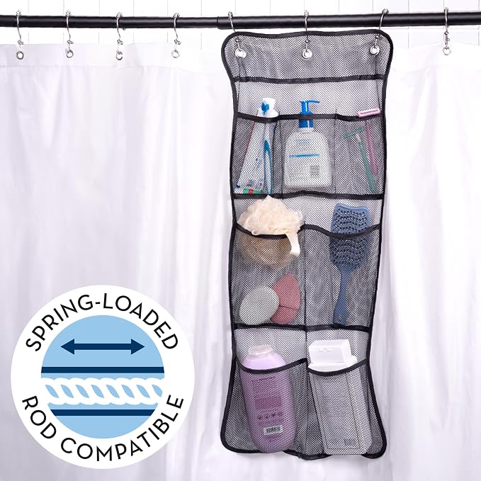 S&T INC. Shower Organizer, Shower Caddy or Bathroom Organizer with Quick Drying Mesh, 7 Pockets to Hold Shampoo, Soap, Loofah, and Cruise Ship Essentials, 14 Inch by 30 Inch, Black, 2 Pack - Image 5