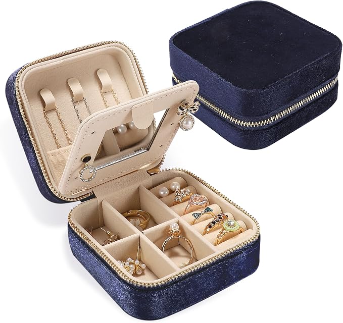 Plush Velvet Travel Jewelry Box for Women & Girls - Small Portable Organizer, Storage Case for Rings, Earrings, Necklaces & Bracelets – Ideal Gift for Travel & Occasions (Dark blue) by Unknown