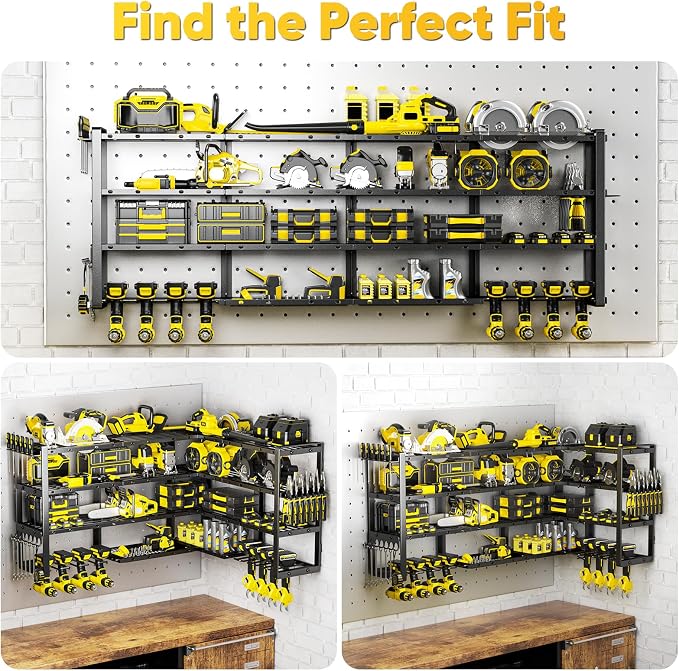 POKIPO Extra Large 64" W Power Tool Organizer Wall Mount, 1000 lbs Load Capacity, Heavy Duty 4 Tier Garage Storage Rack with 8 Drill Holders, 2 in 1 Corner or Straight Installation - Image 2