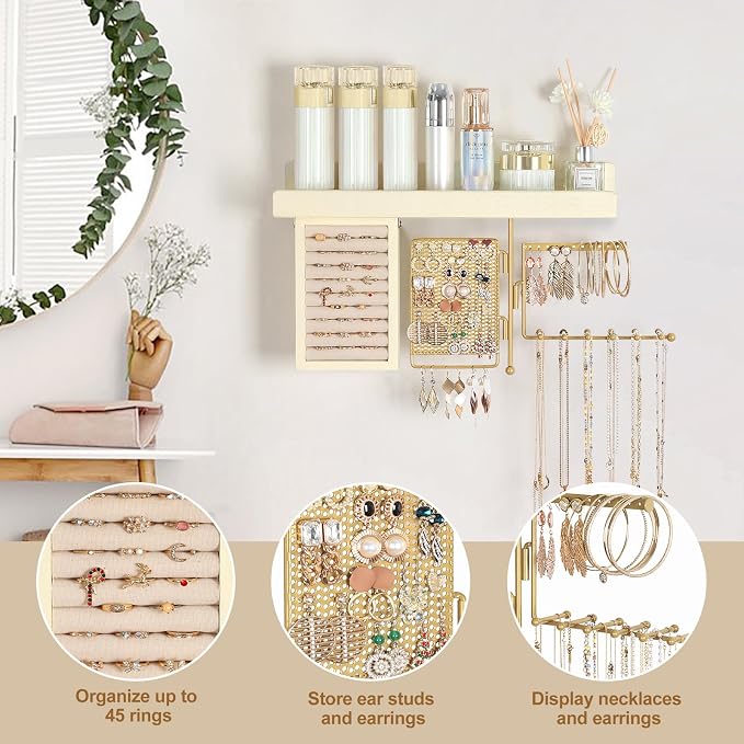SOLIMINTR Hanging Jewelry Organizer Wall Mount with Rustic Wood Shelf, Ring Display Box, Ear Studs Earring Holder, Rotating Necklace Holder Organizer Gold - Image 2