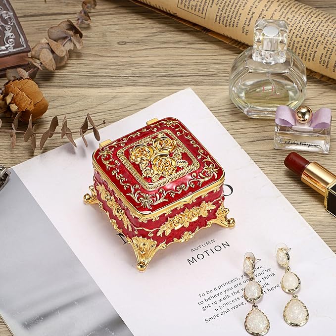 Hipiwe Vintage Metal Jewelry Box - Small Trinket Organizer Ring Box Case with Rose Pattern Jewelry Storage Box for Ring Earrings Necklace, Keepsake Box for Women,Red - Image 2