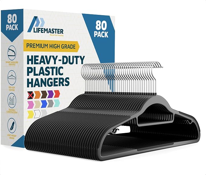 Lifemaster Versatile Clothes Hanger Set - 80 Pieces Space-Saving Dry and Wet Clothes Hanger Set with 360° Swivel Hook and Non-Slip Rubber Design - Black by LIFEMASTER