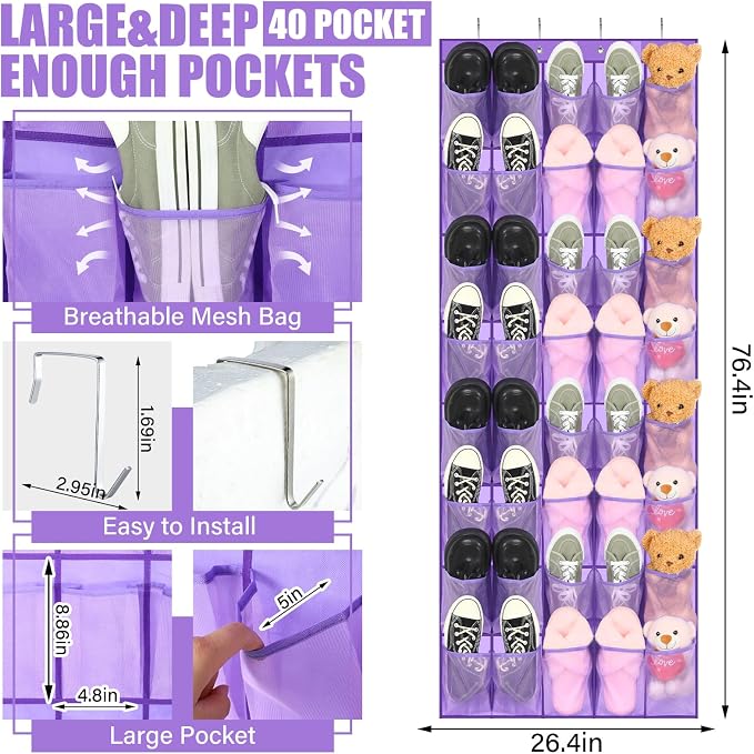 Windyun 40 Large over the Door Hanging Shoe Organizer Purple Mesh Pockets Shoe Rack for Closet Behind Door Hanger Storage Holder Nonslip for Cruise Essentials, Dorm Room Storage, Utility Room - Image 2