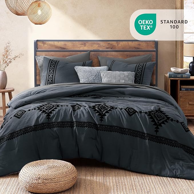 MaiRêve Oversized Queen Comforter Set Blue Grey, Embroidery Western Bedding Set Boho 7 Pieces, Farmhouse All-Season Bed in A Bag with Sheets, Pillowcases & Shams