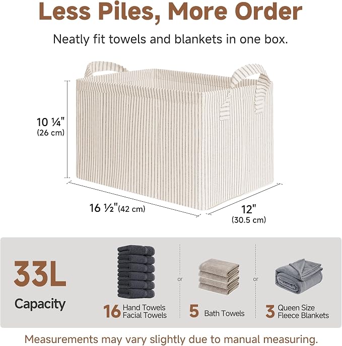 StorageWorks Storage Bins, Fabric Storage Bins for Shelves, Large Storage Baskets with Metal Frame, Closet Baskets and Bins with Handles, Khaki and Beige Stripes, 2-Pack - Image 7