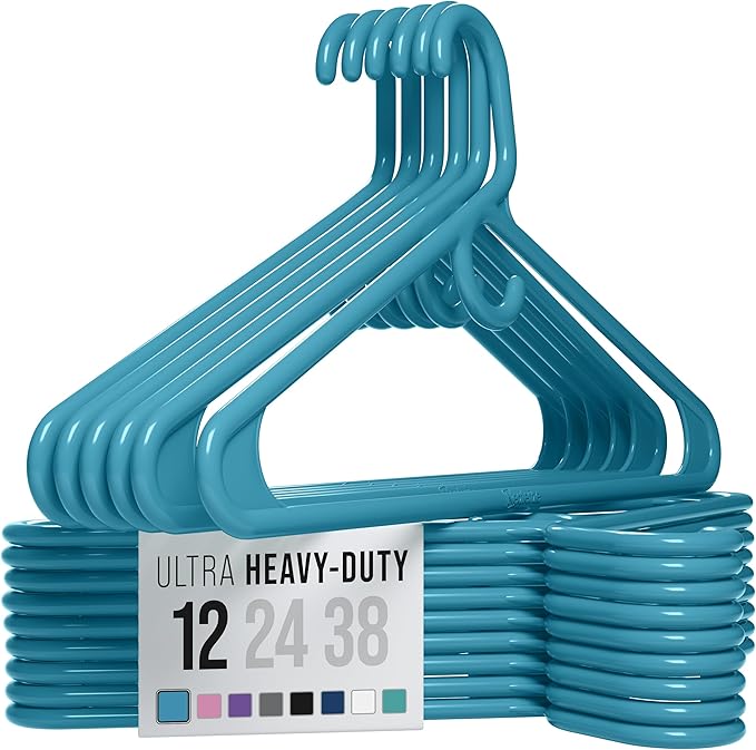 NEATERIZE Thick Heavy Duty Hangers - Blue Plastic Clothes Hangers 12 Pack - Great for Coat Hanger, Jackets Jeans & Suit Hanger for Closet - New Apartment Essentials Percheros Ganchos para Colgar Ropa by Neaterize