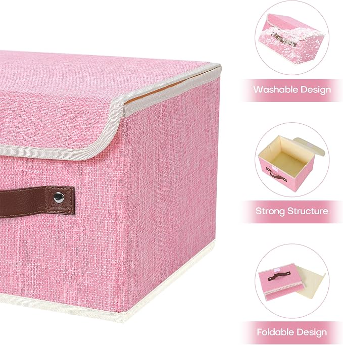 ANMINY 2PCS Storage Bins with Lid PU Leather Handles Storage Boxes PP Plastic Board Decorative Foldable Lidded Cotton Linen Fabric Home Cubes Baskets Closet Organizer Containers - Pink, Small Size - Image 4