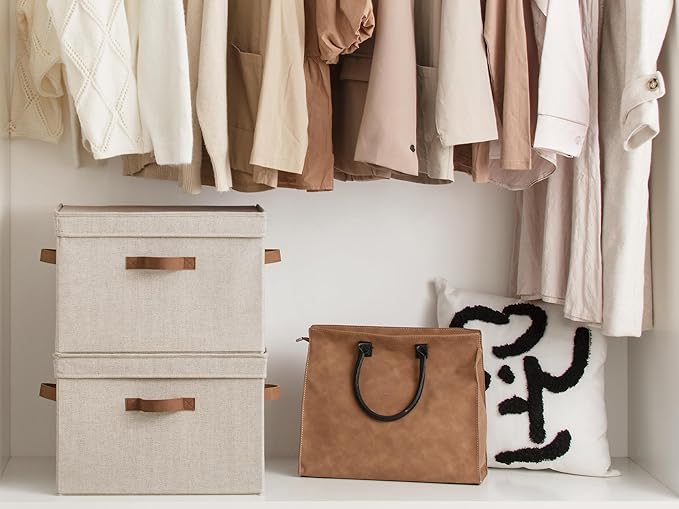 StorageWorks Fabric Storage Bins with Lid, Decorative Storage Boxes for Shelves, Stackable Closet Organizer Basket with Handles, Large, Brown and Beige, 2-Pack - Image 4