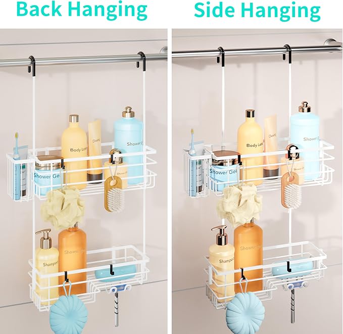 HapiRm Hanging Shower Caddy Organizer - No Drilling Shower Shelves with Hooks and Toothbrush Holder, Rustproof 304 Stainless Steel Bathroom Organizer - White - Image 3