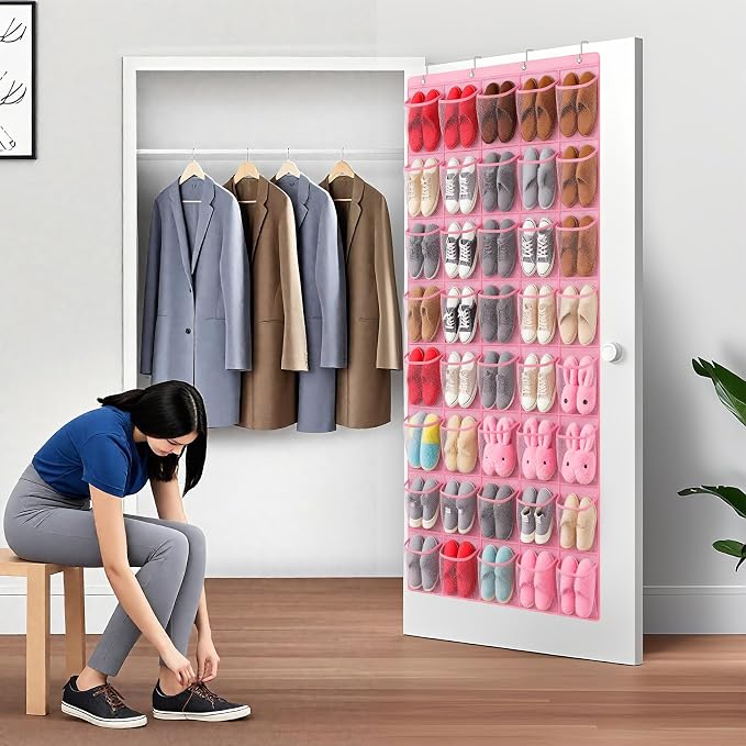 40-Pocket Over the Door Shoe Organizer - Large Mesh Pocket Hanging Shoe Organizer,Behind the Door Shoes Storage Holder Hanger (Pink) - Image 3