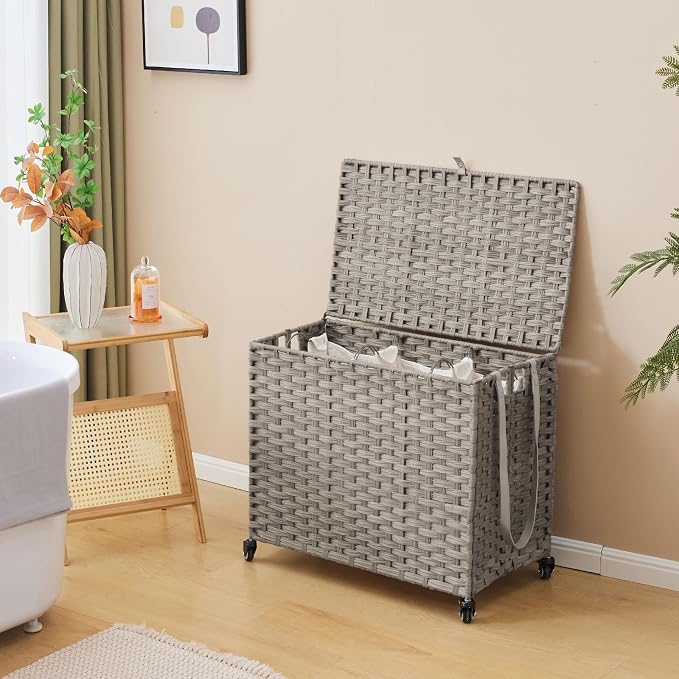 Laundry Hamper with Wheels, 34.3 Gallon(130L) Rolling Laundry Basket with Lid, 3-Section Rattan Clothes Hamper with 3 Removable Liner & 3 Mesh Bags, Laundry Sorter with Side Pocket, Grey - Image 3