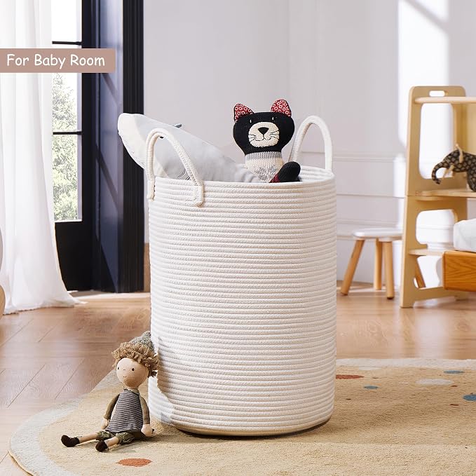 80L Extra Large White Hamper Tall Woven Laundry Basket Cotton Rope Blanket Basket for Living Room Clothes Hamper in Bedroom 16"L x 16"W x 22"H - Image 4