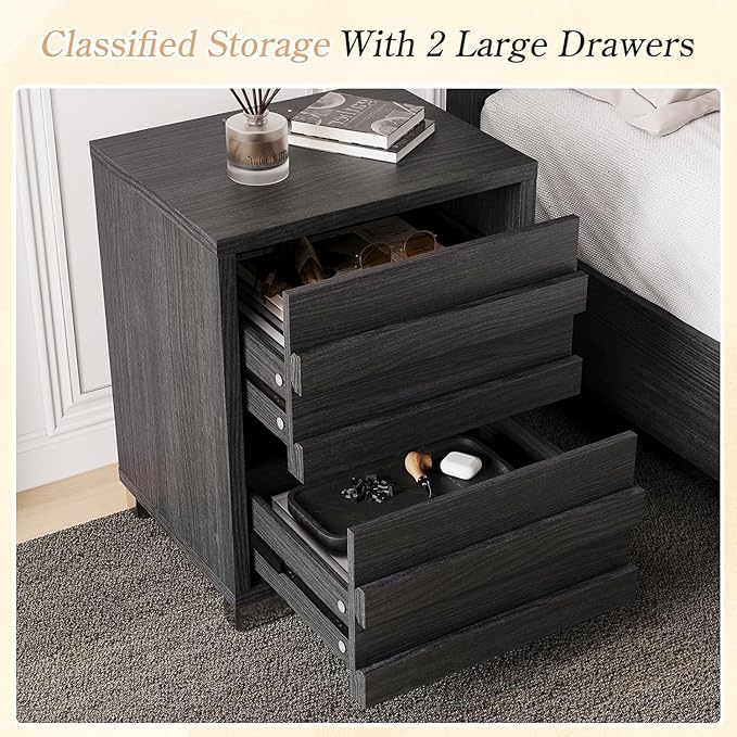 LUXOAK 3 Pcs Bedroom Furniture Sets - Includes Farmhouse King Size Bed Frame with 49" Tall Headboard and Nightstand Sets of 2 with Charging Station, Slated Handles & Stainless Steel Feet, Black