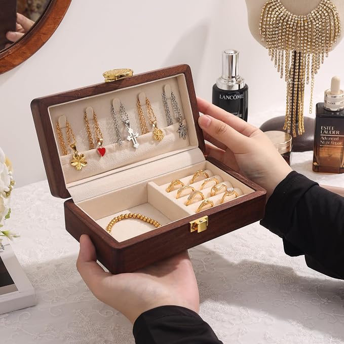 Travel Jewelry Case Wood Small Jewelry Box for Women Wood Jewelry Organizer Storage Holder For Earrings Rings Necklaces Velvet Wooden Jewelry Box With Lock - Image 9