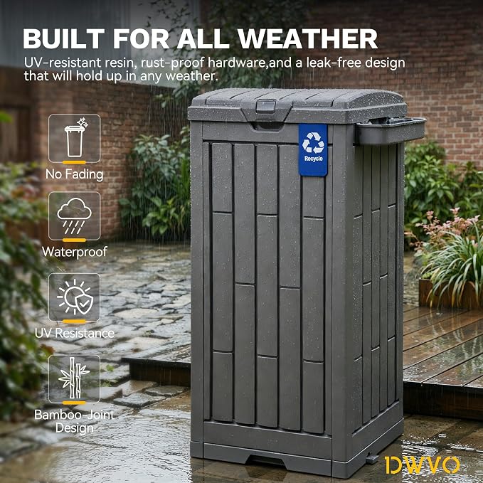 DWVO 38 Gallon Outdoor Trash Can, Resin Garbage Bin with Lid, Includes 2 Sorting Labels, Ash Holder, Stakes & Suction Cups, Hideaway Storage for Patio Backyard Garden, Light Brown - Image 3
