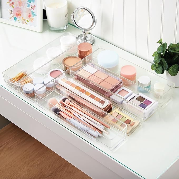 STORi SimpleSort 6-Piece Stackable Clear Drawer Organizer Set | 12" x 3" x 2" Rectangle Trays | Narrow Makeup Vanity Storage Bins and Office Desk Drawer Dividers | Made in USA - Image 7