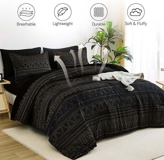 WONGS BEDDING King Size Comforter Set 7 Pieces, Boho Black Gold Geometric Striped Comforter for King Bed in a Bag, Soft Microfiber Bedding Set with Pillowcases, Flat Sheet, Fitted Sheet, Pillow Shams