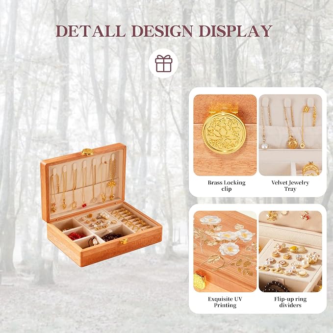 Travel Jewelry Case Small Wood Jewelry Organizer Jewelry Box for Women (Pine Wood Print A) - Image 3