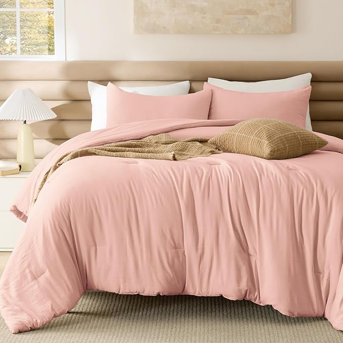 Bedsure Full Comforter Set, Blush Pink Soft Prewashed Bedding for All Seasons, 3 Pieces GentleSoft™ Bed Set, 1 Lightweight Comforter (82"x86") and 2 Pillowcases (20"x26")