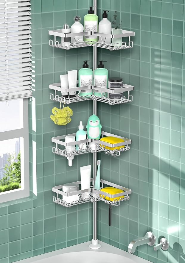 DAOYA Shower Caddy Tension Pole - Corner Shower Shelves with Soap Holder Bathroom Shower Organizer for Tub (Stainless Steel, Silver, Floor to Ceiling 25-114.2 inch) by DAOYA