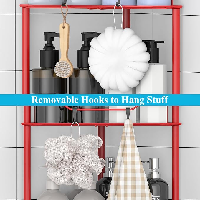 HuggieGems 3 Tier Floor Standing Corner Shower Caddy Organizer Shelf with Hooks, Bathroom Shelves Stand Rack, Red - Image 5