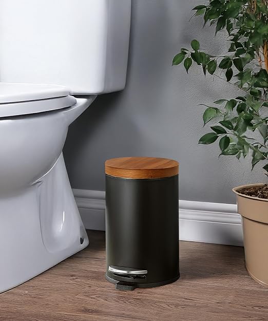 SunnyPoint Elite Bamboo Lid 4.5 Liter / 1.2 Gallon Round Trash Can with Plastic Inner Bucket; Bathroom, Office, Kitchen and Bedroom Step On and Slow Close (Black) - Image 4