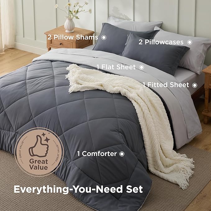 Bedsure Queen Comforter Set - 7 Pieces Reversible Dark Grey Bedding, Queen Size Bed Set for All Seasons, Bed in a Bag with Down Alternative Comforter, Sheets, Pillowcases & Shams