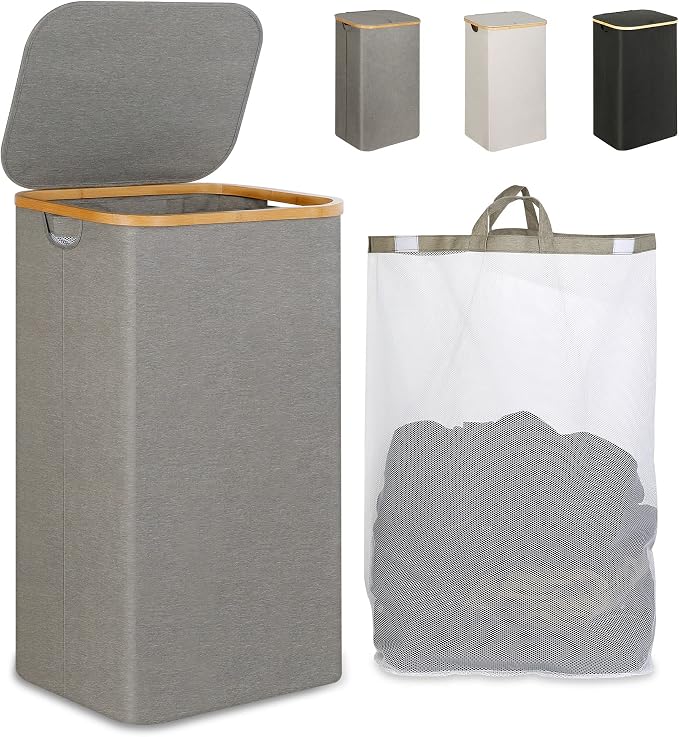 iEGrow Laundry Hamper with Lid, 110L Large Laundry Hamper with Handle and Lid, Collapsible Clothes Basket Organizer with Removable Inner Bag for Clothes Toys Towels - Grey by iEGrow