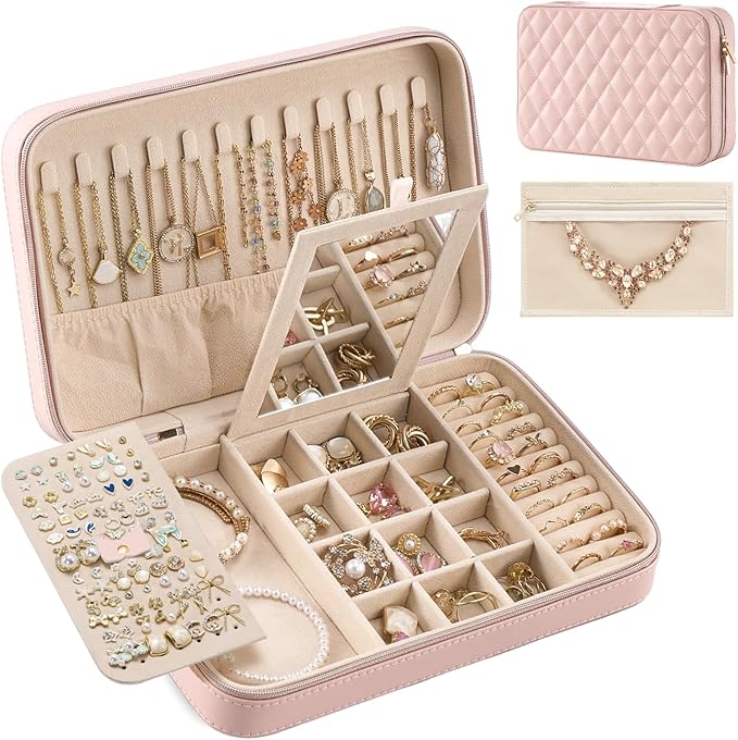 Lolalet Travel Jewelry Case for Women Girls, Travel Jewelry Organizer Box with Mirror & Clear Storage Bag, Small Portable Earring Necklace Bracelet Ring Case, Birthday Valentine Gifts -Large, Pink by Lolalet