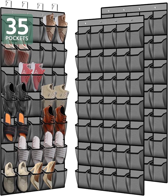 PAULONE 35 Pocket Over the Door Shoe Organizer,Reusable Breathable Large Mesh Bag Men's & Women's Sneaker Organizer,Shoe Organizer for Kids,Hanging Shoe Storage Hanging Bag (2PCS-Gray) by Unknown
